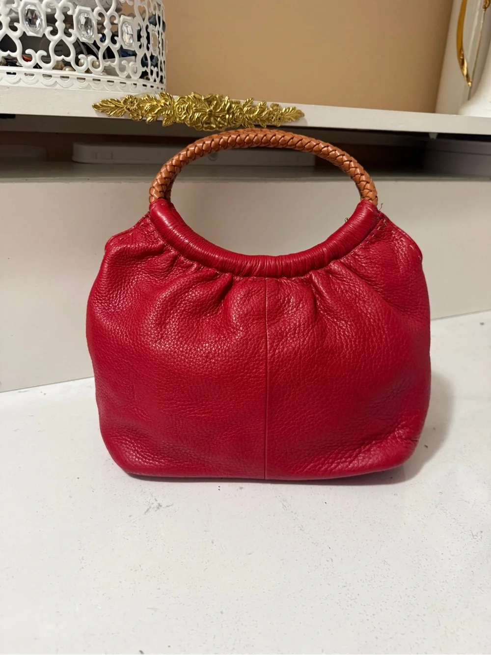 Fossil Red Leather Handbag with Braided Handles
